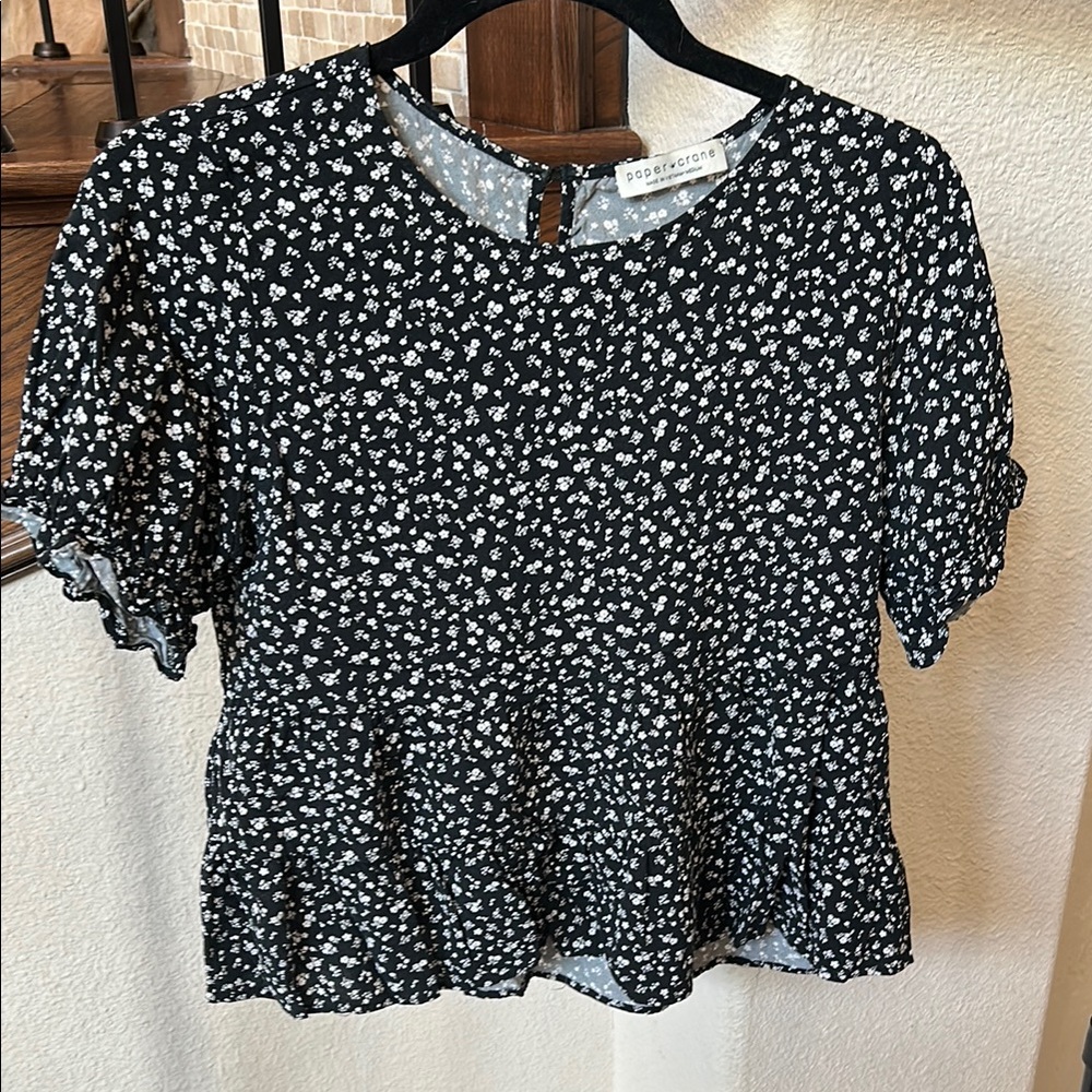 Paper Crane Black and White Ruffled Peplum Blouse